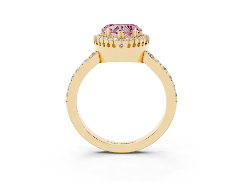 Fancy Pink Heart Cut Diamond Halo Engagement Ring Set in Yellow gold with Milgrain Detail and Pavé Band