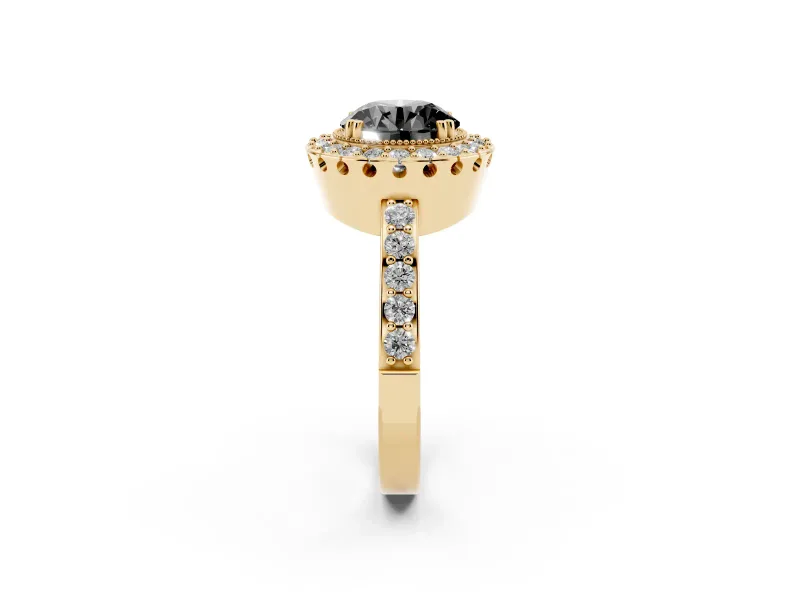 Round Milgrain Halo Engagement Ring Setting for a Black Center | Pavé Shoulders | Yellow Gold