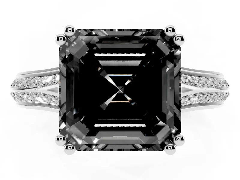 Asscher Cut Split Shank Engagement Ring Setting for a Black Center | Pavé Band | White Gold