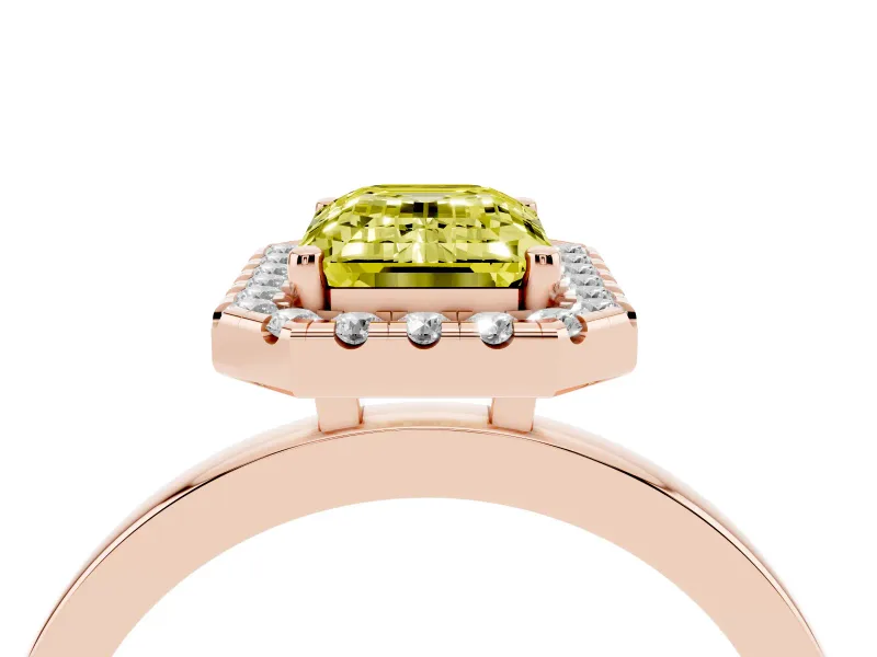 Emerald Cut Thin Halo Engagement Ring Setting for a Fancy Yellow Lab-Grown Diamond | Plain Polished Band | Rose Gold