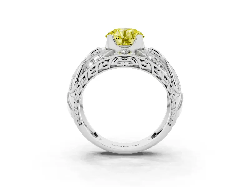 Round Art Deco Engagement Ring Setting for a Fancy Yellow Lab-Grown Diamond | Sterling Silver