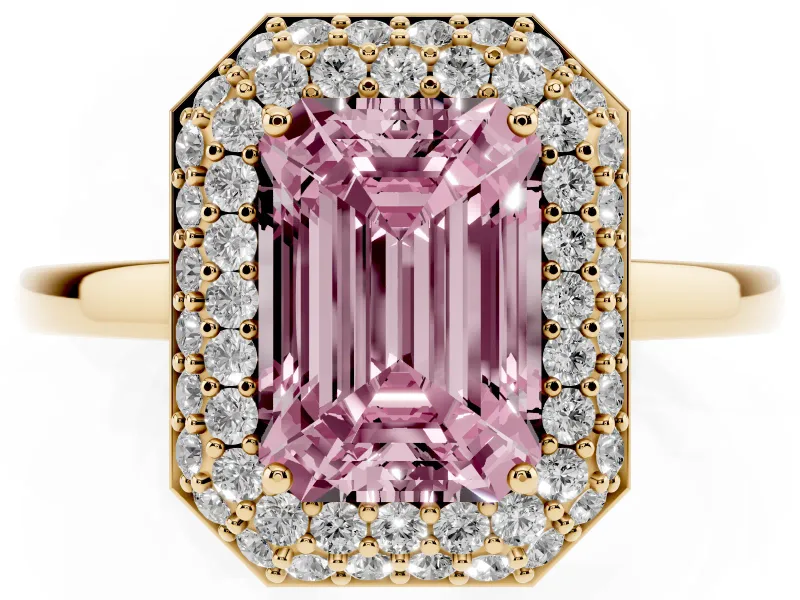 Fancy Pink Emerald Cut Diamond Halo Engagement Ring Set in Yellow gold with Solitaire Band and Prong Setting
