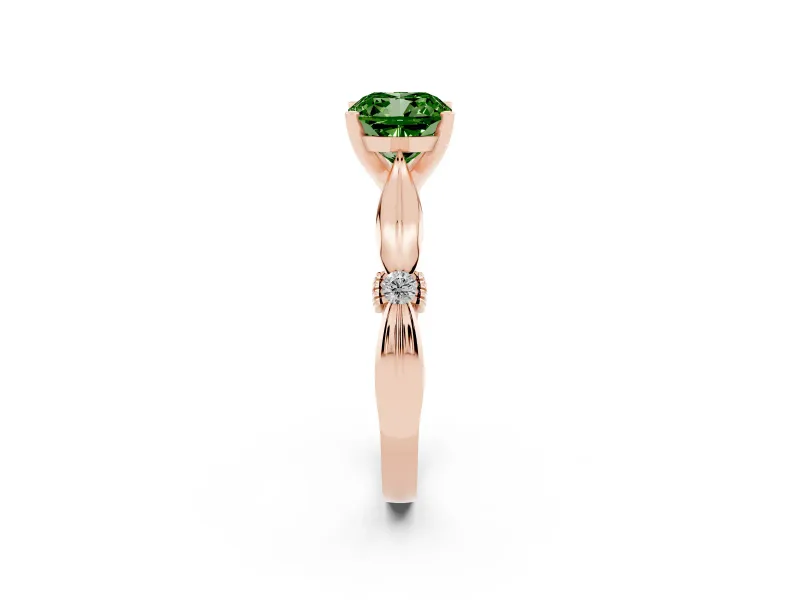 Fancy Green Cushion Cut Diamond Solitaire Twisted Band Ring Set in Rose gold with Accent Stones and Prong Setting