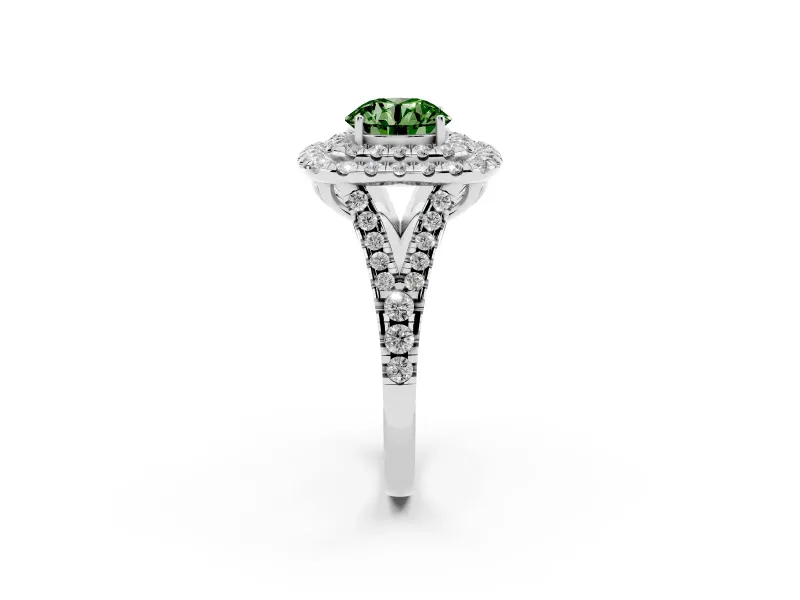 Round Halo Split Shank Engagement Ring Setting for a Fancy Green Lab-Grown Diamond | Pavé Strands | Sterling Silver