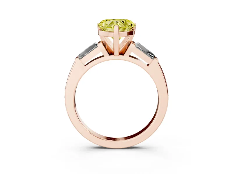 Heart-Shaped Three Stone Engagement Ring Setting for a Fancy Yellow Lab-Grown Diamond | Tapered Baguettes | Rose Gold