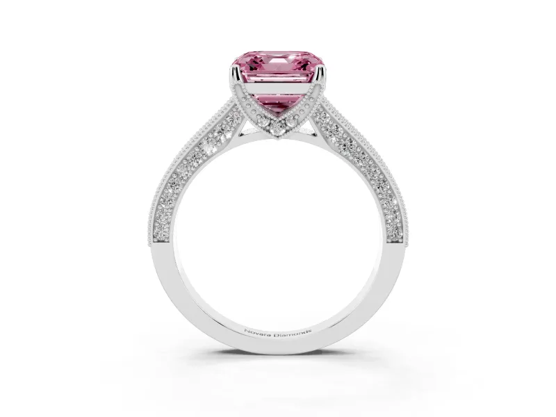 Asscher Cut Hidden Halo Engagement Ring Setting for a Fancy Pink Lab-Grown Diamond | Milgrain Pave | White Gold