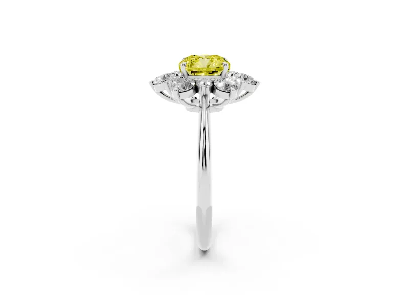 Fancy Yellow Cushion Cut Diamond Cluster Halo Ring Set in Silver with Solitaire Band and Prong Setting