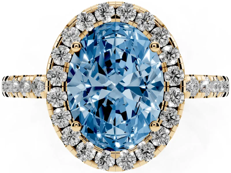 Fancy Blue Oval Cut Diamond Pavé Band Halo Engagement Ring Set in Yellow gold with Prong Setting