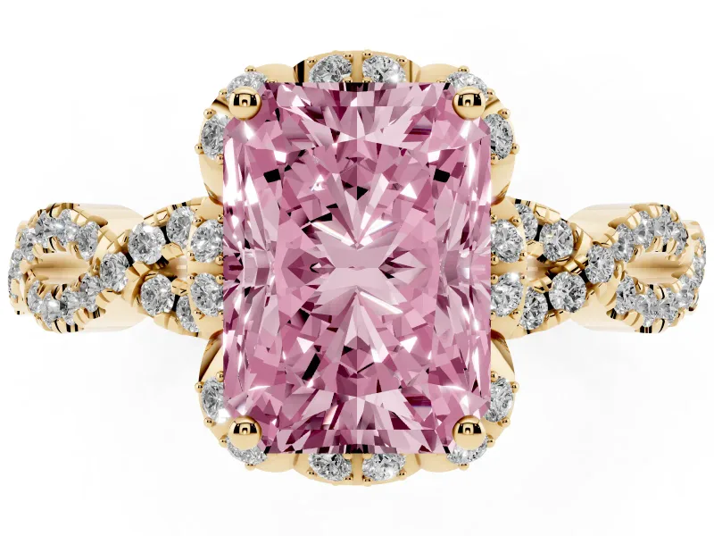 Radiant Cut Milgrain Halo Engagement Ring Setting for a Fancy Pink Lab-Grown Diamond | Graduated Shoulders | Yellow Gold