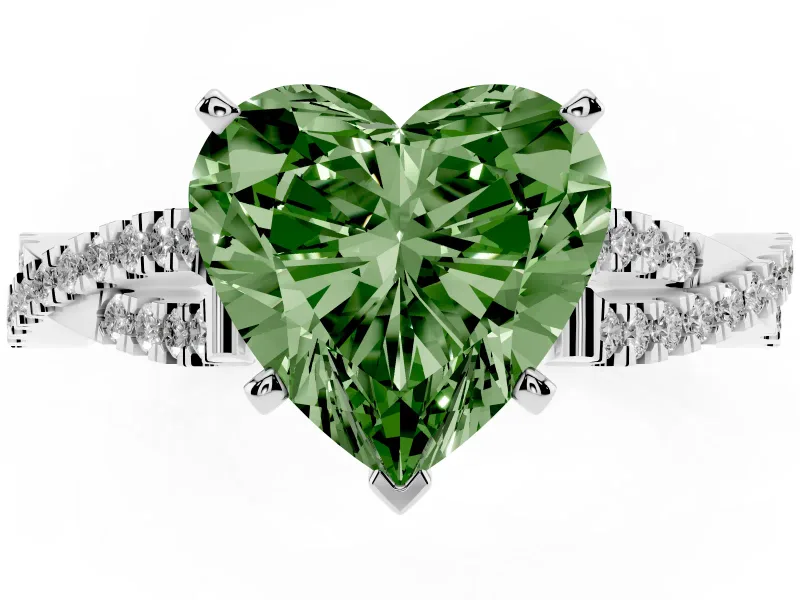 Fancy Green Heart Cut Diamond Solitaire Engagement Ring Set in White gold with Twisted Pavé Band and Prong Setting