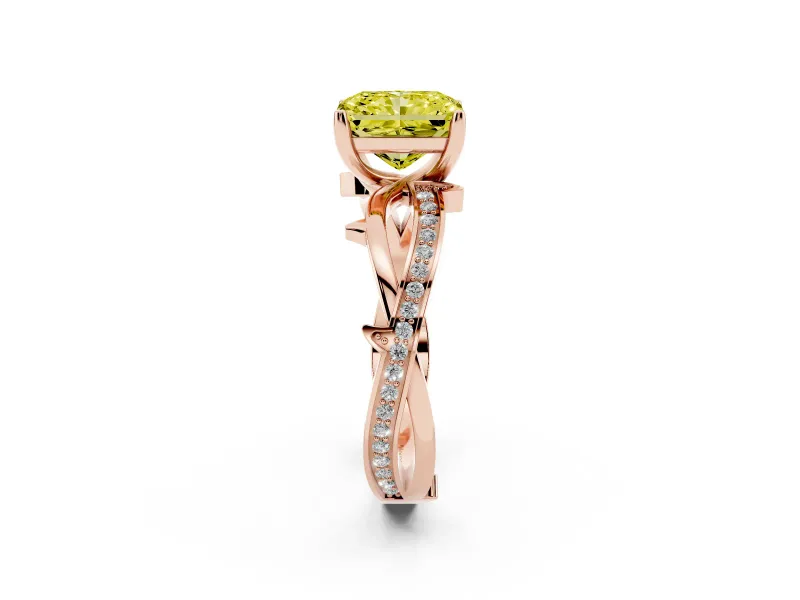 Fancy Yellow Radiant Cut Diamond Pavé Twist Band Solitaire Ring Set in Rose gold with Prong Setting