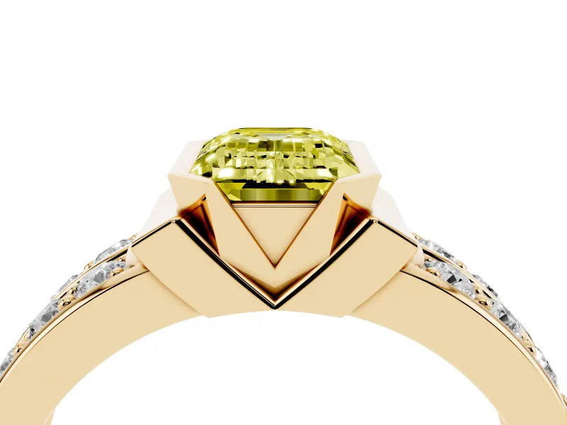 Emerald Cut Half Bezel Engagement Ring Setting for a Fancy Yellow Lab-Grown Diamond | Channel Band | Yellow Gold