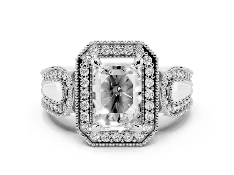 Emerald Cut Diamond Halo Ring Set in Platinum with Milgrain Accent Split Shank