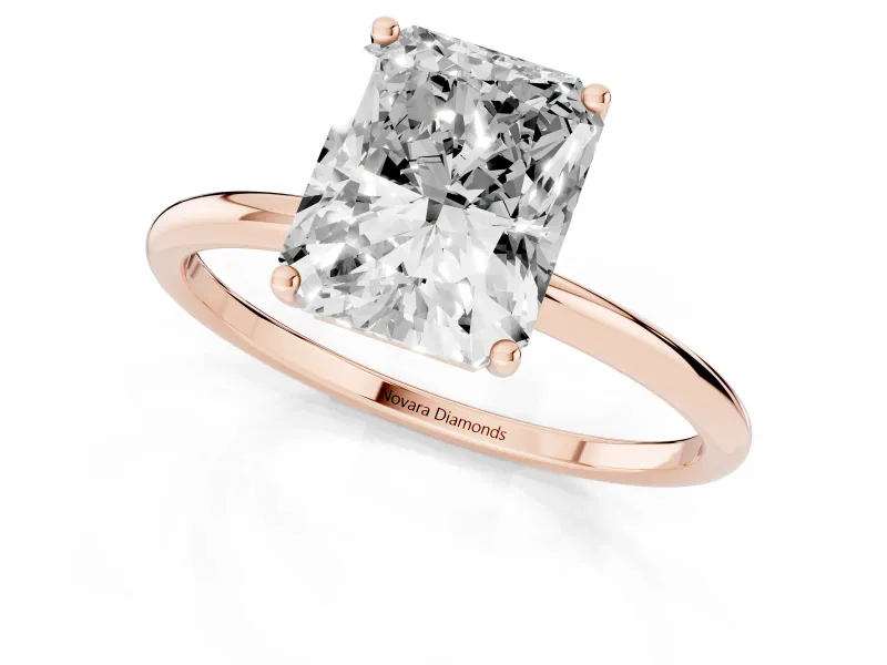 Radiant Cut Diamond Solitaire Engagement Ring Set in Rose gold with Thin Band and Prong Setting