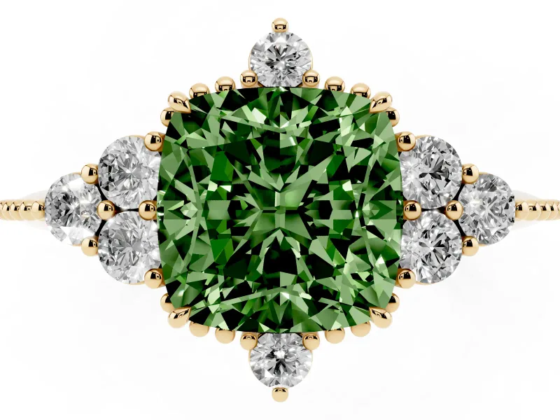 Cushion Cut Cluster Engagement Ring Setting for a Fancy Green Lab-Grown Diamond | Yellow Gold