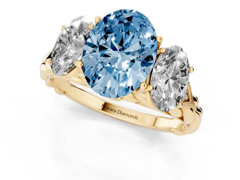 Oval Three Stone Engagement Ring Setting for a Fancy Blue Lab-Grown Diamond | Braided Band | Yellow Gold