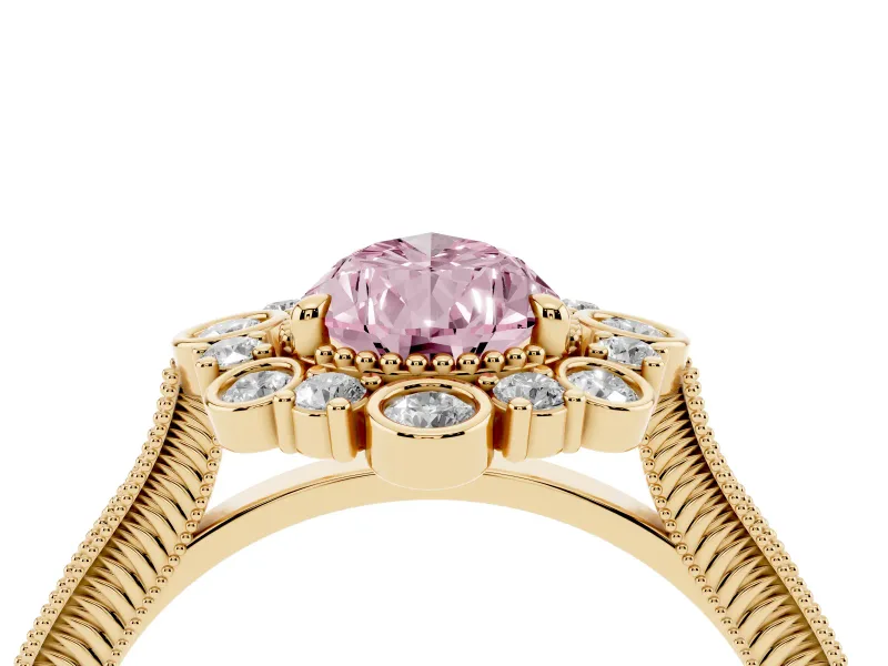 Fancy Pink Pear Cut Diamond Halo Milgrain Pavé Ring Set in Yellow gold with Prong Setting