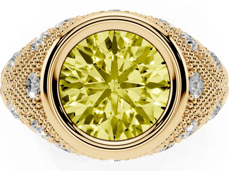 Fancy Yellow Round Cut Diamond Bezel Ring Set in Yellow gold with Milgrain Accent Band