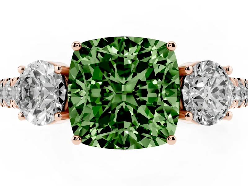 Fancy Green Cushion Cut Diamond Three-Stone Ring Set in Rose gold with Round Side Stones and Delicate Pavé Band