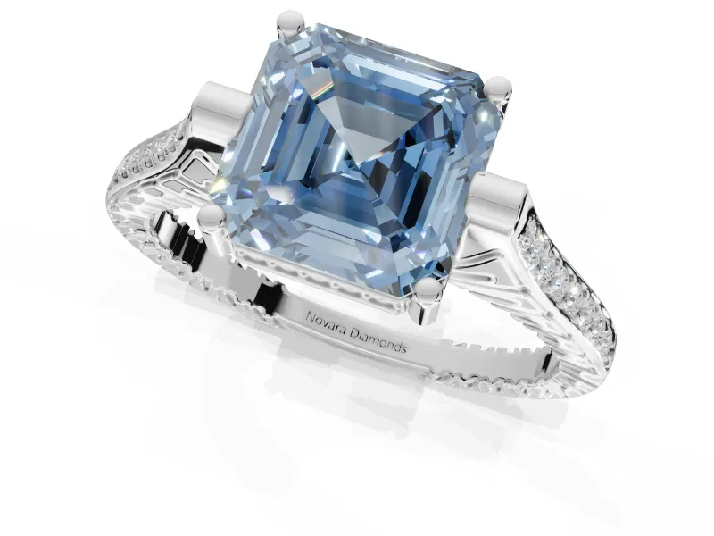 Asscher Cut Vintage Cathedral Engagement Ring Setting for a Fancy Blue Lab-Grown Diamond | Carved Band | Sterling Silver