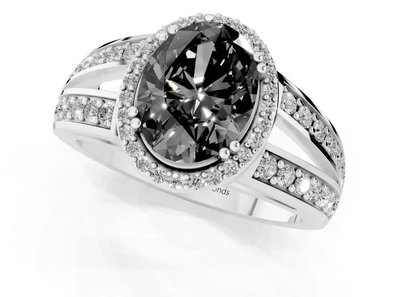 Fancy Black Oval Cut Diamond Halo Ring Set in Silver with Double Pavé Split Shank