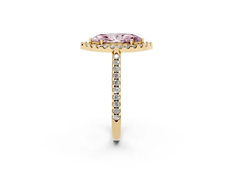 Marquise Pave Halo Engagement Ring Setting for a Fancy Pink Lab-Grown Diamond | Pave Band | Yellow Gold