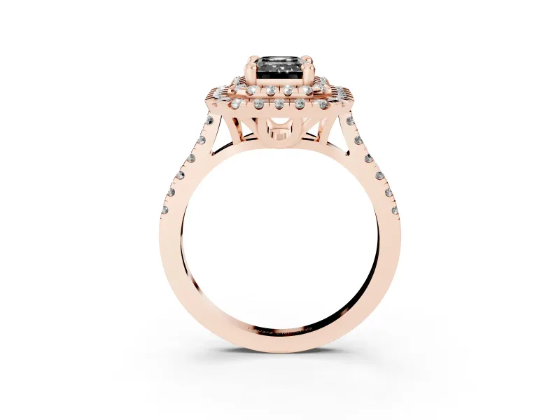 Fancy Black Emerald Cut Diamond Double Halo Statement Ring Set in Rose gold with Pavé Band