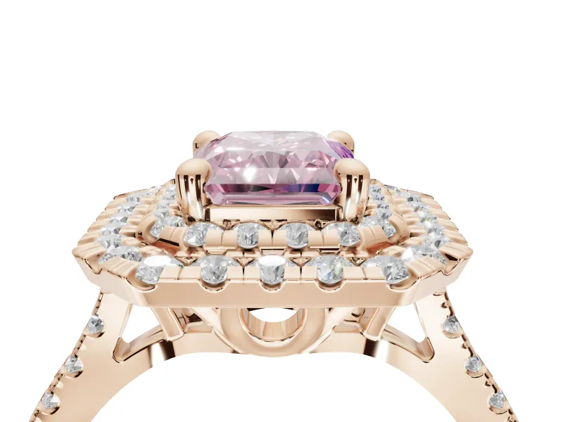 Fancy Pink Radiant Cut Lab-Grown Diamond Double Halo Statement Ring Set in Rose Gold with Pavé Band