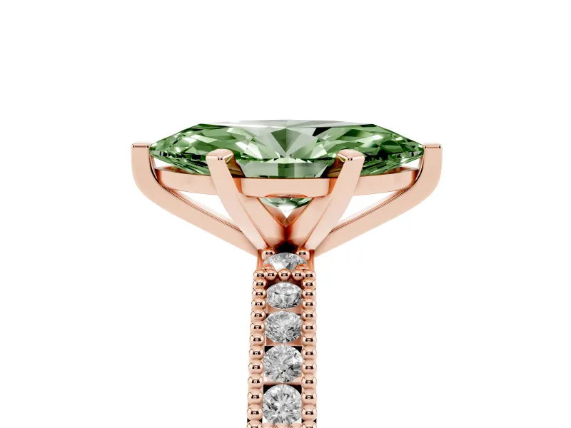 Fancy Green Marquise Cut Diamond Solitaire Ring Set in Rose gold with Slim Pavé Band and Prong Setting