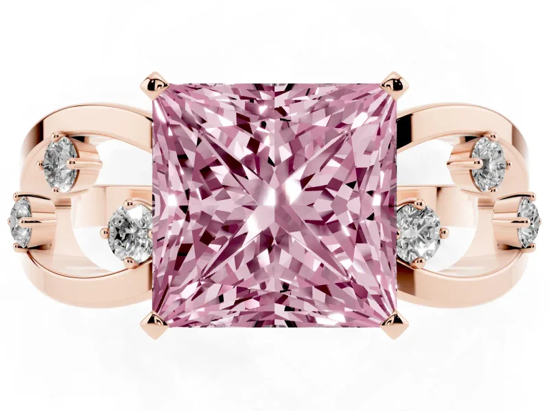 Fancy Pink Princess Cut Diamond Solitaire Ring Set in Rose gold with Side Stones on Criss-Cross Band and Prong Setting