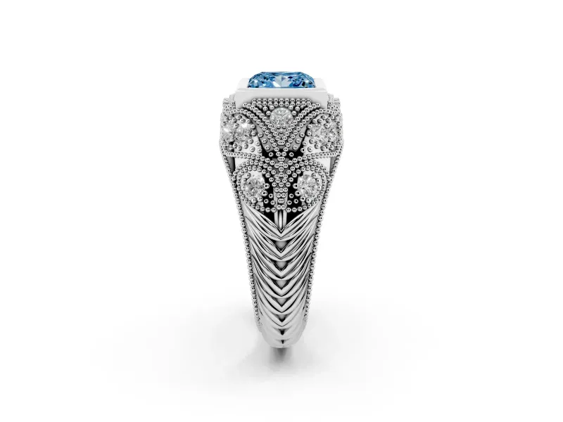 Fancy Blue Princess Cut Diamond Bezel Ring Set in White gold with Milgrain Accent Band