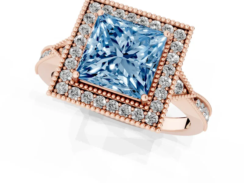 Fancy Blue Princess Cut Diamond Halo Engagement Ring Set in Rose gold with Milgrain Pavé Band