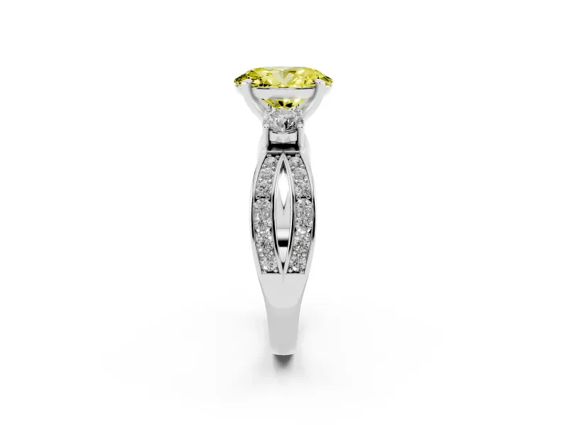 Fancy Yellow Three-Stone Oval Cut Diamond Twist Band Ring Set in White gold with Pavé Accents and Prong Setting