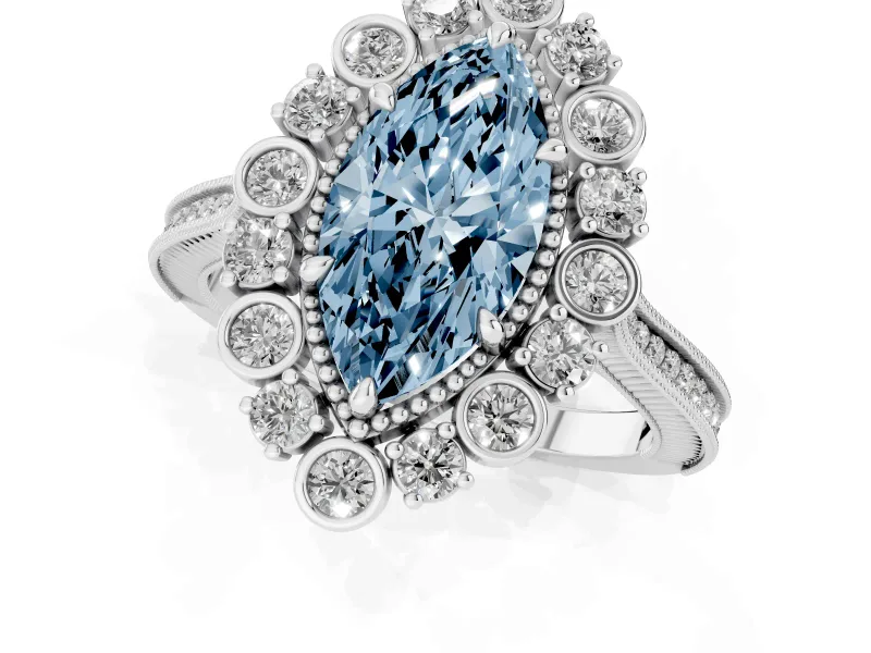 Fancy Blue Marquise Cut Diamond Halo Milgrain Pavé Ring Set in Silver with Prong Setting
