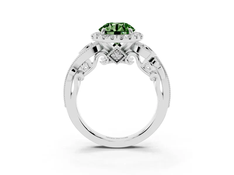Round Vintage Halo Engagement Ring Setting for a Fancy Green Lab-Grown Diamond | Platinum