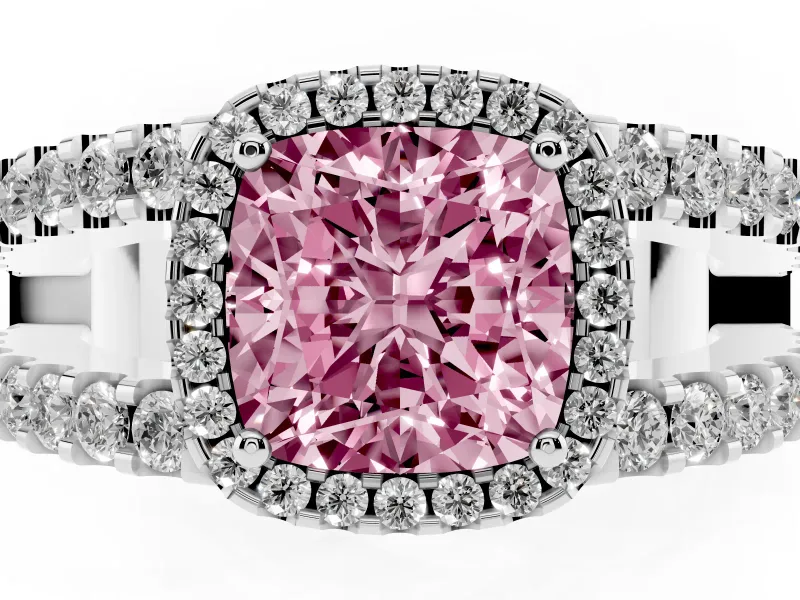 Fancy Pink Cushion Cut Diamond Halo Ring Set in Platinum with Pavé Split Shank and Prong Setting