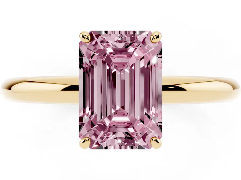Emerald Cut Low Set Solitaire Engagement Ring Setting for a Fancy Pink Lab-Grown Diamond | Plain Band | Yellow Gold