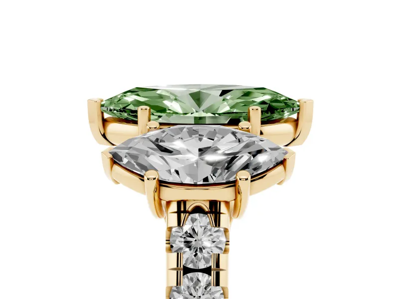Marquise Three Stone Engagement Ring Setting for a Fancy Green Lab-Grown Diamond | Accented Shoulders | Yellow Gold