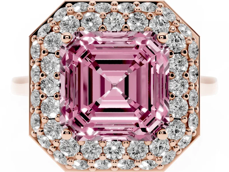 Fancy Pink Asscher Cut Diamond Halo Engagement Ring Set in Rose gold with Solitaire Band and Prong Setting