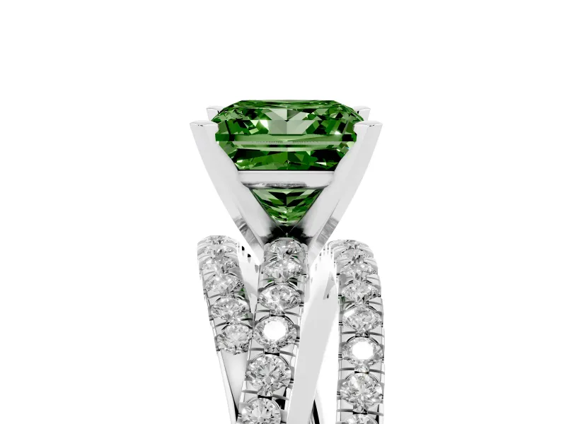 Fancy Green Princess Cut Diamond Solitaire Twist Band Ring Set in Platinum with Pavé Setting and Prong Head