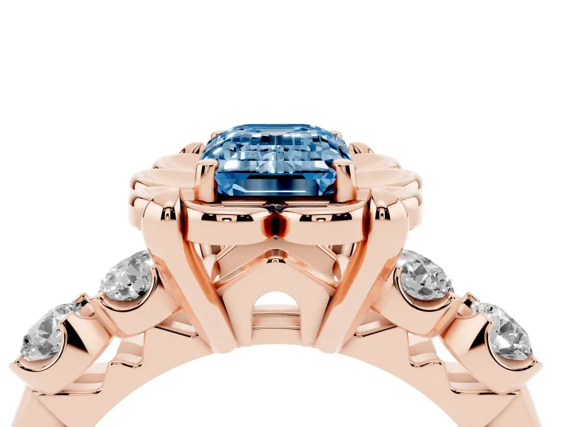 Emerald Cut Floral Engagement Ring Setting for a Fancy Blue Lab-Grown Diamond | Petal Frame and Side Stones | Rose Gold