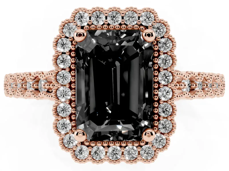 Radiant Cut Milgrain Halo Engagement Ring Setting for a Black Center | Beaded Shoulders | Rose Gold