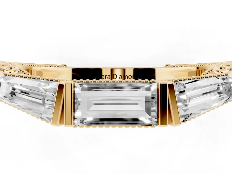 Baguette and Pear-Shaped Lab-Grown Diamond Milgrain Wedding Band | Chevron Sides | Yellow Gold