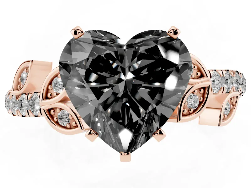 Fancy Black Heart Cut Diamond Solitaire Leaf-Inspired Ring Set in Rose gold with Pavé Band and Prong Setting