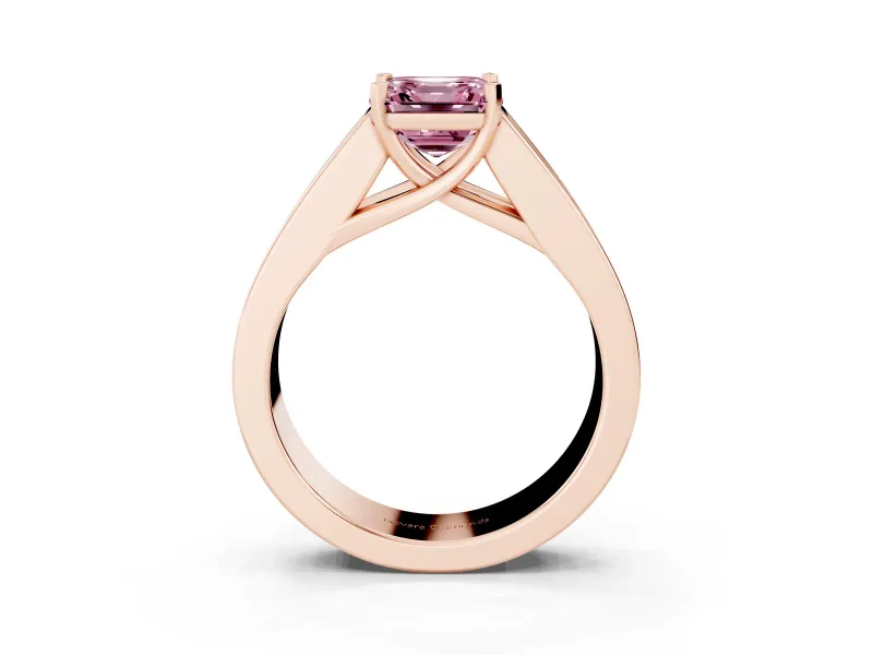 Fancy Pink Asscher Cut Diamond Solitaire Ring Set in Rose gold with Channel-Set Accent Stones and Prong Setting
