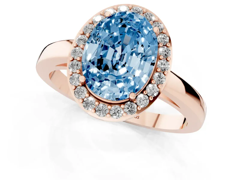 Fancy Blue Oval Cut Diamond Halo Ring Set in Rose gold with Solitaire Band and Prong Setting