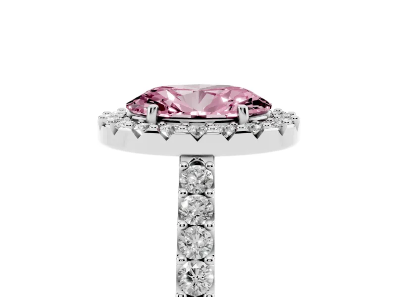 Fancy Pink Oval Cut Diamond Halo Pavé Solitaire Ring Set in Platinum with Prong-Set Center Stone