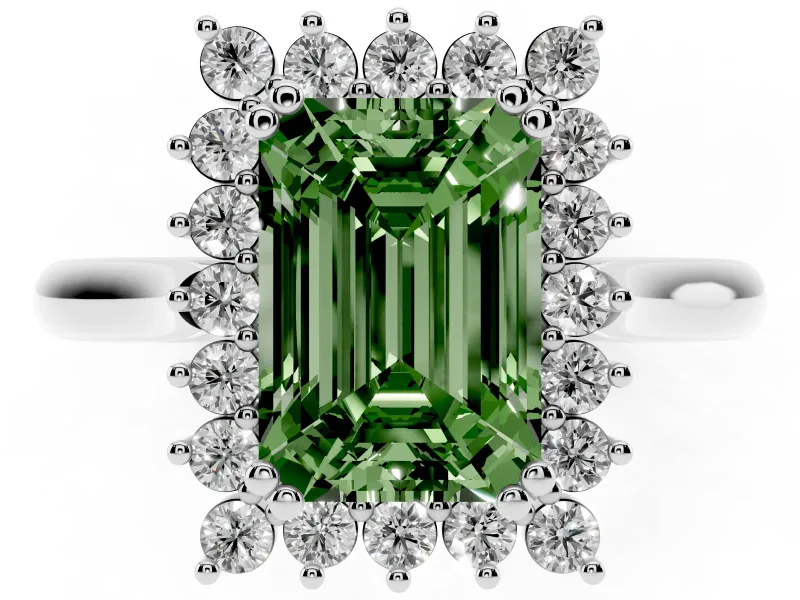 Fancy Green Emerald Cut Diamond Halo Ring Set in Silver with Plain Solitaire Band and Prong Setting