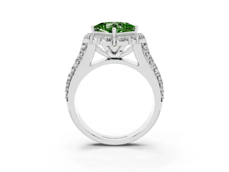 Fancy Green Princess Cut Diamond Halo Engagement Ring Set in Platinum with Split Shank and Prong Setting