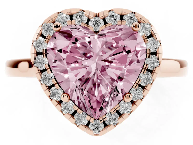 Fancy Pink Heart Cut Halo Round Diamond Solitaire Ring Set in Rose gold with Pavé Band and Prong Setting